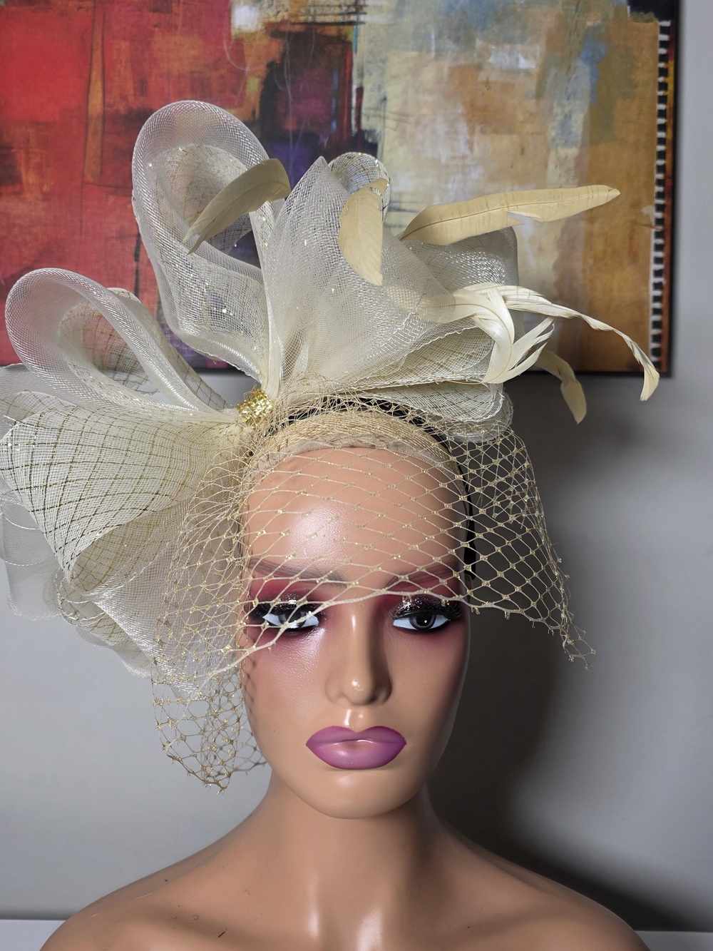 Elegant Cream And Gold Feathered Fascinator with Veil